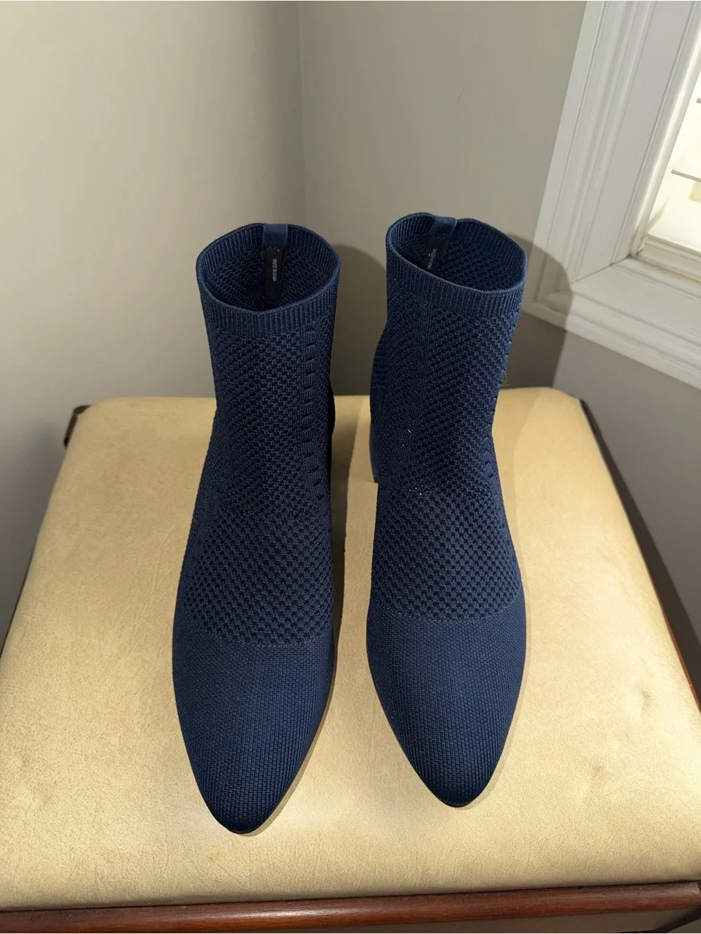 Eileen Fisher Navy Knit Sock Ankle Boots Size 10 Block Heel Pointed Toe Stretch